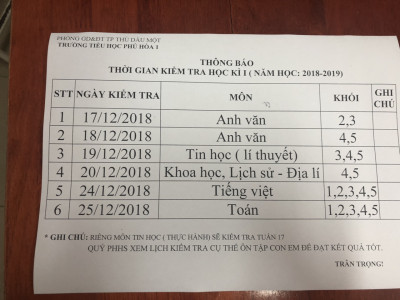 Lich thi học kỳ 1 năm học 2018-2019