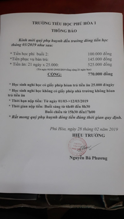 Tiền học tháng 3/2019