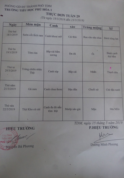 Thực đơn tuần 29 năm học 2018-2019