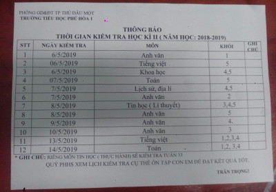 Lịch kiểm tra cuối kỳ II năm học 2018-2019