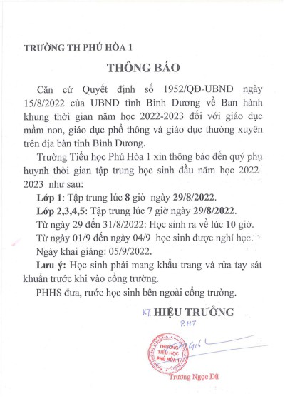 Thời gian tập trung đầu năm học 2022-2023