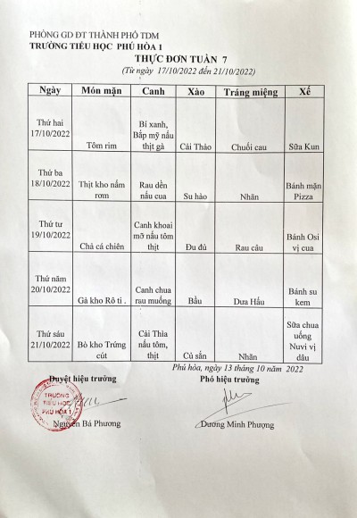 Thực đơn tuần 7 năm học 2022-2023