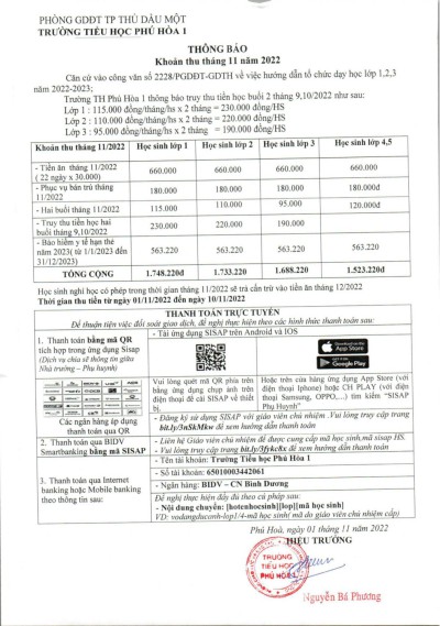 Thông báo thu tiền tháng 11 năm học 2022-2023