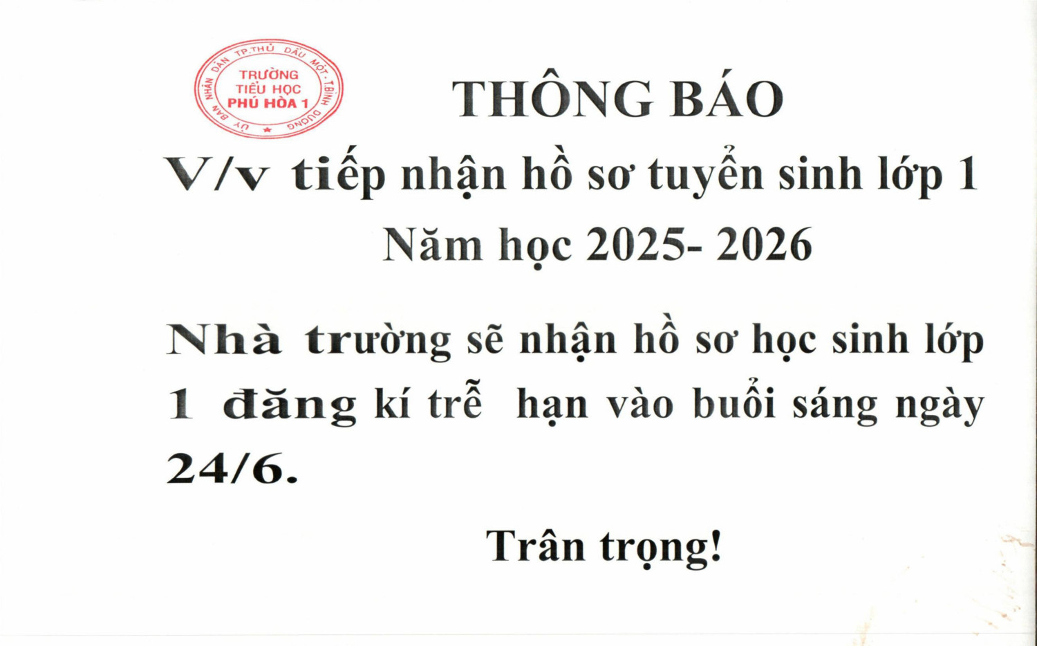 thong bao tiep nhan dang ky tuyen sinh tre han